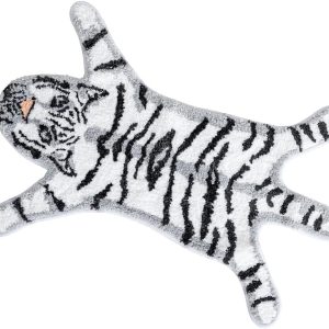 Tiger Shaped Bathroom Rug Animals Bath Mat Rug Non-Slip Door Mat for Bedroom Bathroom Kitchen Cartoon Rug for Tub Soft Bathmat Home Decor (65x98cm/25.6x38.6in) White