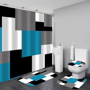 Geometric Blue Shower Curtain Sets with Non-Slip Rugs,Toilet Lid Cover and Bath Mat, Black and Gray Bathroom Decor Set Accessories Waterproof Shower Curtains