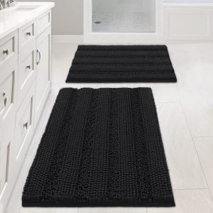 Black Bathroom Rug Set Extra Thick Striped Bath Mats for Bathroom Floor 2 Piece, Anti-Slip Bath Mat Set Soft Plush Chenille Shower Rugs for Bathroom Waterproof (20" x 32"/17" x 24")