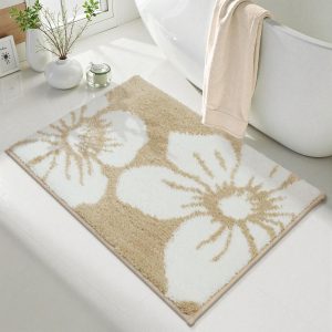 Bath Mats for Bathroom, 18x26 Modern Floral Bathroom Rug Non Slip, Soft Machine Washable Absorbent Quick Dry Bathroom Mat for Tub, Shower, Floor (Beige)
