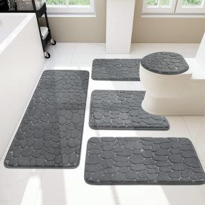 5 Piece Cobblestone Memory Foam Bath Mats, Extra Thick Non Slip Mats for Tub, Toilet and Floor, Water Absorbent, Washable Dark Grey Rugs