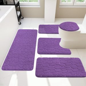 Bathroom Rugs Sets 5 Piece, Cobblestone Memory Foam Bathroom Mats Set Extra Thick, Non Slip Bath Mats for Bathroom, Water Absorbent, Washable Purple Bath Rugs for Tub, Toilet and Floor