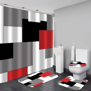 Geometric Red Shower Curtain Sets with Non-Slip Rugs,Toilet Lid Cover and Bath Mat, Black and Gray Bathroom Decor Set Accessories Waterproof Shower Curtains