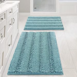 Extra Thick Chenille Striped Pattern Bath Rugs for Bathroom Non Slip - Soft Plush Shaggy Mats for Floor, Indoor, Entryway (Aqua Haze, 32 x 20 Plus 24 x 17 - Inches)