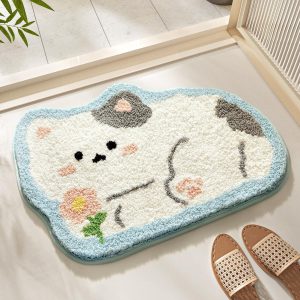 Cartoon Animal Bathroom Rug, Thick Plush Bath Mat Cute Microfiber Area Rug Quick Dry Door Mat Anti Slip Washable Shower Rug, 19 x 24 Inches, Cat