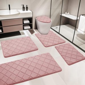 Pink Bathroom Rugs Set 5 Piece, Soft Non Slip Memory Foam Bath Mat, Machine Wash Bathroom Mat Set, Water Absorbent Bath Mats for Toilet and Floor (Pink)
