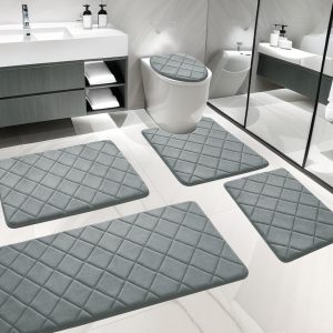 Bathroom Rug Set 5 Piece, Soft Non Slip Memory Foam Bath Mat, Machine Wash Bathroom Mat Set, Water Absorbent Bath Mats for Toilet and Floor (Light Grey)