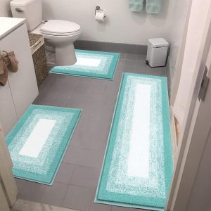 Microfiber Bathroom Rugs Sets 3 Piece, Non-Slip Absorbent Bath Mats for Bathroom, Soft Shaggy Bathroom Mat with U-Shaped Toilet Rug Machine Washable, Teal