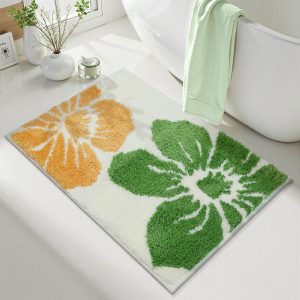 Bath Mats for Bathroom, 18x26 Modern Floral Bathroom Rug Non Slip, Soft Machine Washable Absorbent Quick Dry Bathroom Mat for Tub, Shower, Floor (Yellow Green)