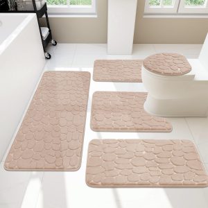 Bathroom Rugs Sets 5 Piece, Cobblestone Memory Foam Bathroom Mats Set Extra Thick, Non Slip Bath Mats for Bathroom, Water Absorbent, Washable Khaki Bath Rugs for Tub, Toilet and Floor
