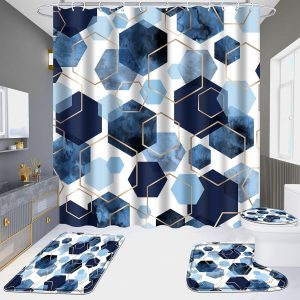 Blue Bathroom Sets, 4 Piece Marble Bathroom Shower Curtain Sets with Rugs, Incl 71'' x 71'' Polyester Waterproof Shower Curtain with 12 Hooks, Non Slip Bath Mats and Toilet Lid Oval Rug