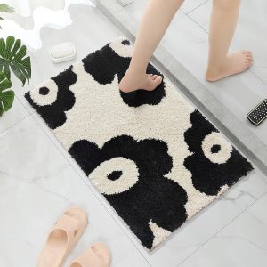 Cute Black Flower Bath Mat Microfiber Funny Bathroom Rugs Soft Fluffy Absorbent Quick Dry Non Slip TPR Backing Washable Bath Mats for Bathroom,Shower Doorway and Bathtub, 24" x 16"