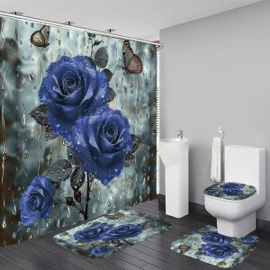 Blue Rose 4Pcs Bathroom Shower Curtain Sets Non-Slip Rugs Bath Mat Toilet Cover U Shaped Mat Dark Blue Shower Curtain with 12 Hooks Blue Rose Bathroom Set