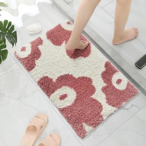 Cute Flower Funny Bath Mat Blossom Pink Bathroom Rug Mat Soft Fluffy Microfiber Bath Rugs for Bathroom, Absorbent Quick Dry Non Slip Washable for Shower Sink and Bathtub, 24" x 16"