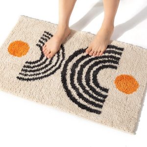 Boho Bathroom Rugs Non-Slip Abstract Bath Rugs Microfiber Cute Mat Black Washable for Tube/Washbasin/Toilet (Beige-Music, 20"X32")