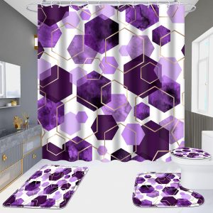 Bathroom Sets, 4 Piece Purple Geometric Bathroom Shower Curtain Sets with Rugs, Incl 71'' x 71'' Polyester Waterproof Shower Curtain with 12 Hooks, Non Slip Bath Mats and Toilet Lid Oval Rug