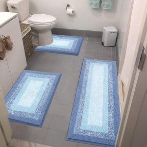 Microfiber Bathroom Rugs Sets 3 Piece, Non-Slip Absorbent Bath Mats, Soft Shaggy Bathroom Rugs with U-Shaped Toilet Rug Machine Washable Bath Rugs, Light Blue