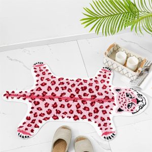 Leopard Shaped Rug Animals Bath Mat Rug Non-Slip Bathroom Door Mat for Bedroom Bathroom Kitchen Cartoon Area Rug for Bathroom Tub Soft Bathtub Mat Home Decor Pink