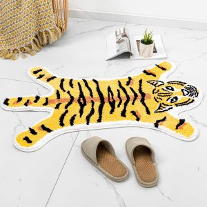 Tiger Shaped Bath Mat for Bathroom Cute Animals Yellow Tiger Cartoon Bath Rug Non-Slip Absorbent Bathtub Rug for Bathroom Tub Door Mat Soft Bathmat Home Decor