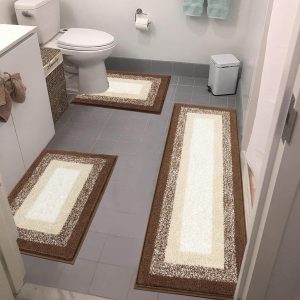 Bathroom Rug Set - 3 Piece Absorbent Non-Slip Shaggy Bath Mats for Floor & Toilet, Dark Coffee