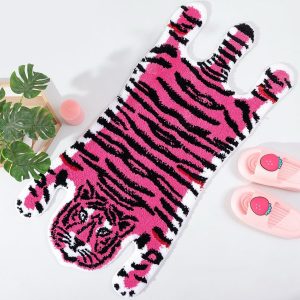Pink Tiger Bath Mat for Bathroom, Cute Pink Tiger Cartoon Bath Mats Non Slip Animal Shaped Absorbent Bathtub Rug Bathroom Plush Shower Rugs