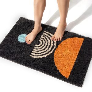 Boho Bathroom Rugs Non-Slip Abstract Bath Rugs Microfiber Cute Mat Black Washable for Tube/Washbasin/Toilet (Black-Sunrise, 20"X32")